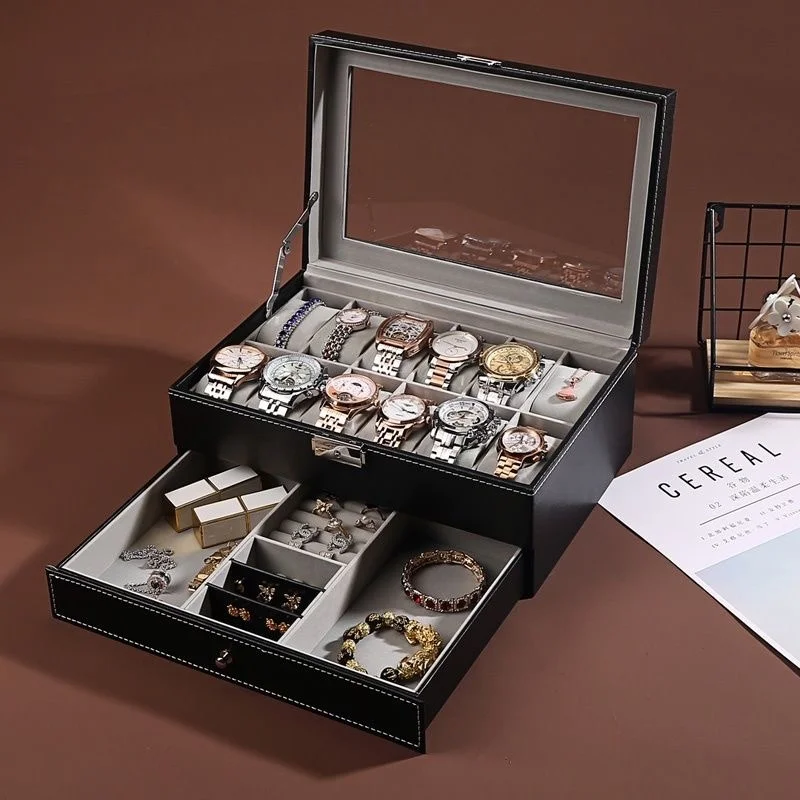 12-Slot PU Leather Lockable Watch Storage Box with Two-Tier Organizer, Secure Jewelry Display Drawer Case for Men and Women Featuring Soft Interior, Elegant Travel and Home Storage Solution for Luxury Accessories 7