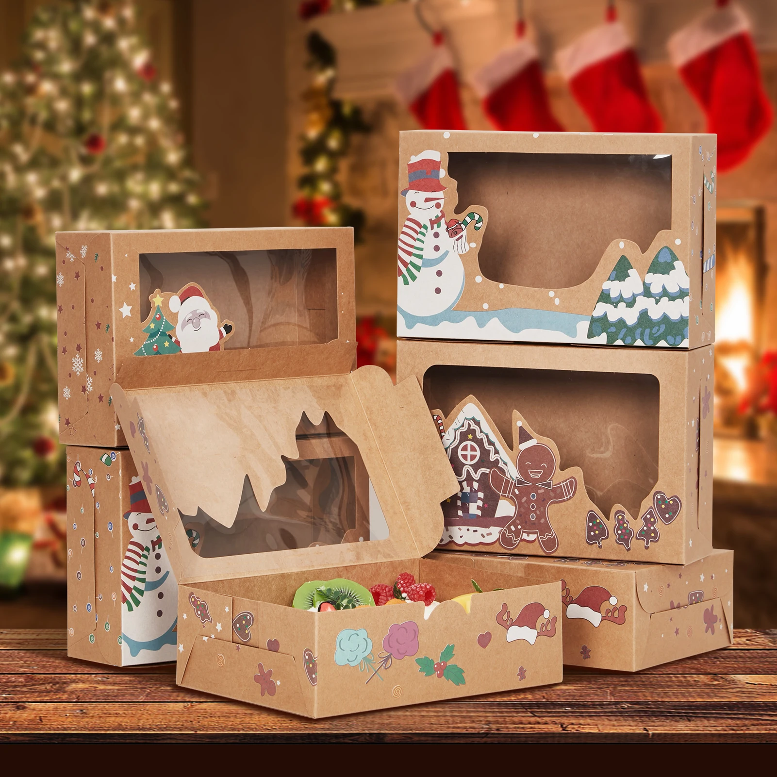 12Pcs Christmas Cookie Boxes with Window, Foldable Kraft Bakery Gift Packaging for Cupcakes, Candy, Pastries, Chocolates, Holiday Treat Boxes with Tags and Red White Twine for Party Favors 6