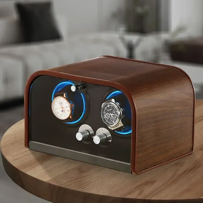 Elegant Wooden Automatic Watch Winder Box with Silent Motor, 5-Speed Adjustable Settings, LED Ambient Light, Anti-Magnetization, Vertical Winding, Cover Stop Function, Battery or Plug-In Power Options - 图片 3