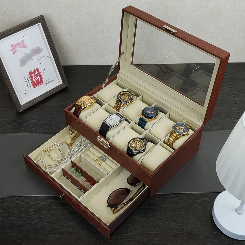 12-Slot PU Leather Lockable Watch Storage Box with Two-Tier Organizer, Secure Jewelry Display Drawer Case for Men and Women Featuring Soft Interior, Elegant Travel and Home Storage Solution for Luxury Accessories 9