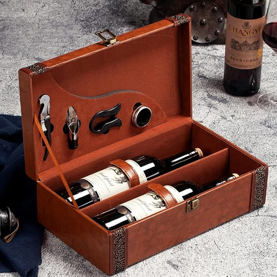 2 Bottle Wine Gift Box with 4 Accessories Set – PU Leather Portable Wine Carrier Tote, Dual Bottle Storage and Presentation Box for Home Display, Business Gifting, and Wine Collection 3