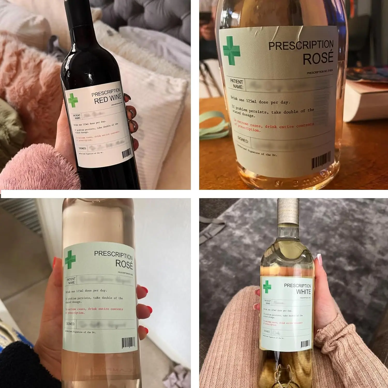 6-Pack Prescription-Themed Wine Bottle Stickers – Funny Christmas & Holiday Vinyl Labels for Birthday, Anniversary, Party Gifts, and Wine Decoration