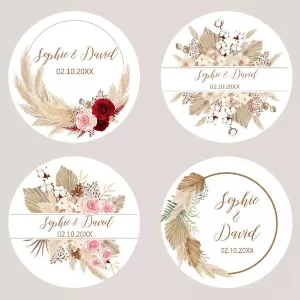 96-Pack Pampas Grass Wedding Stickers – Customizable Sealing Labels for Weddings, Baptisms, Birthdays, Party Decor, Personalized Gift Tags, Event Favors, DIY Craft Stickers for Celebrations
