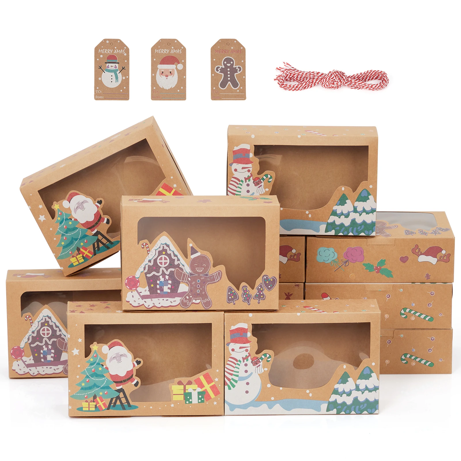12Pcs Christmas Cookie Boxes with Window, Foldable Kraft Bakery Gift Packaging for Cupcakes, Candy, Pastries, Chocolates, Holiday Treat Boxes with Tags and Red White Twine for Party Favors