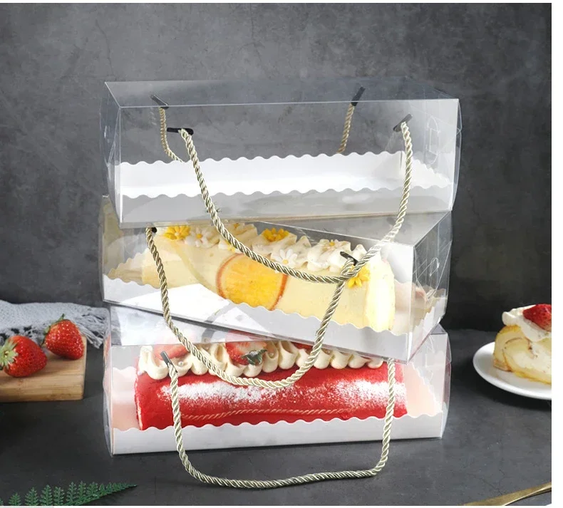 1PCS Transparent Cake Box with Handle, Clear Plastic Portable Cupcake, Swiss Roll, Dessert Container Holder, PET Gift Packaging Box, Long Roll Cake Carrier for Parties, Baking, and Gifting