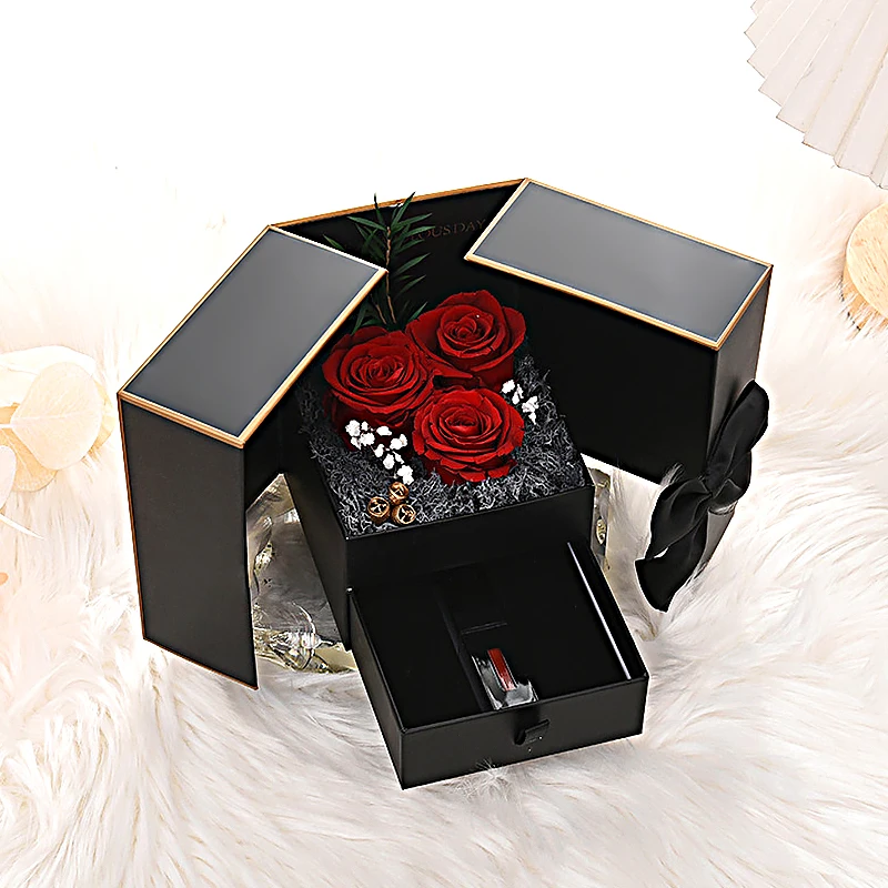 Romantic Soap Rose Flower Jewelry Gift Box with Double Drawer Design, Elegant Packaging Case for Necklace Ring Lipstick, Valentine’s Day, Wedding, Birthday, Mother’s Day, Christmas and Anniversary Surprise 5