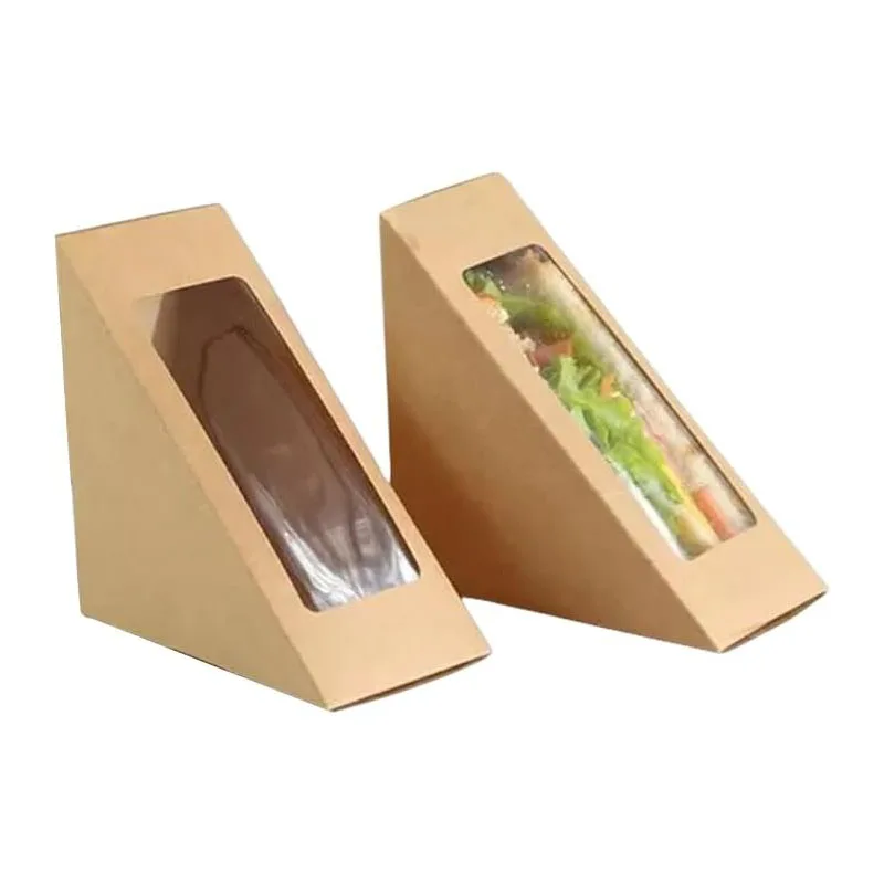 Kraft Paper Sandwich Boxes with Transparent Window, Disposable Charcuterie and Sushi Containers, Cake Slice Packaging for Bakery, Café Takeaway, Party Catering and Restaurant Food Service