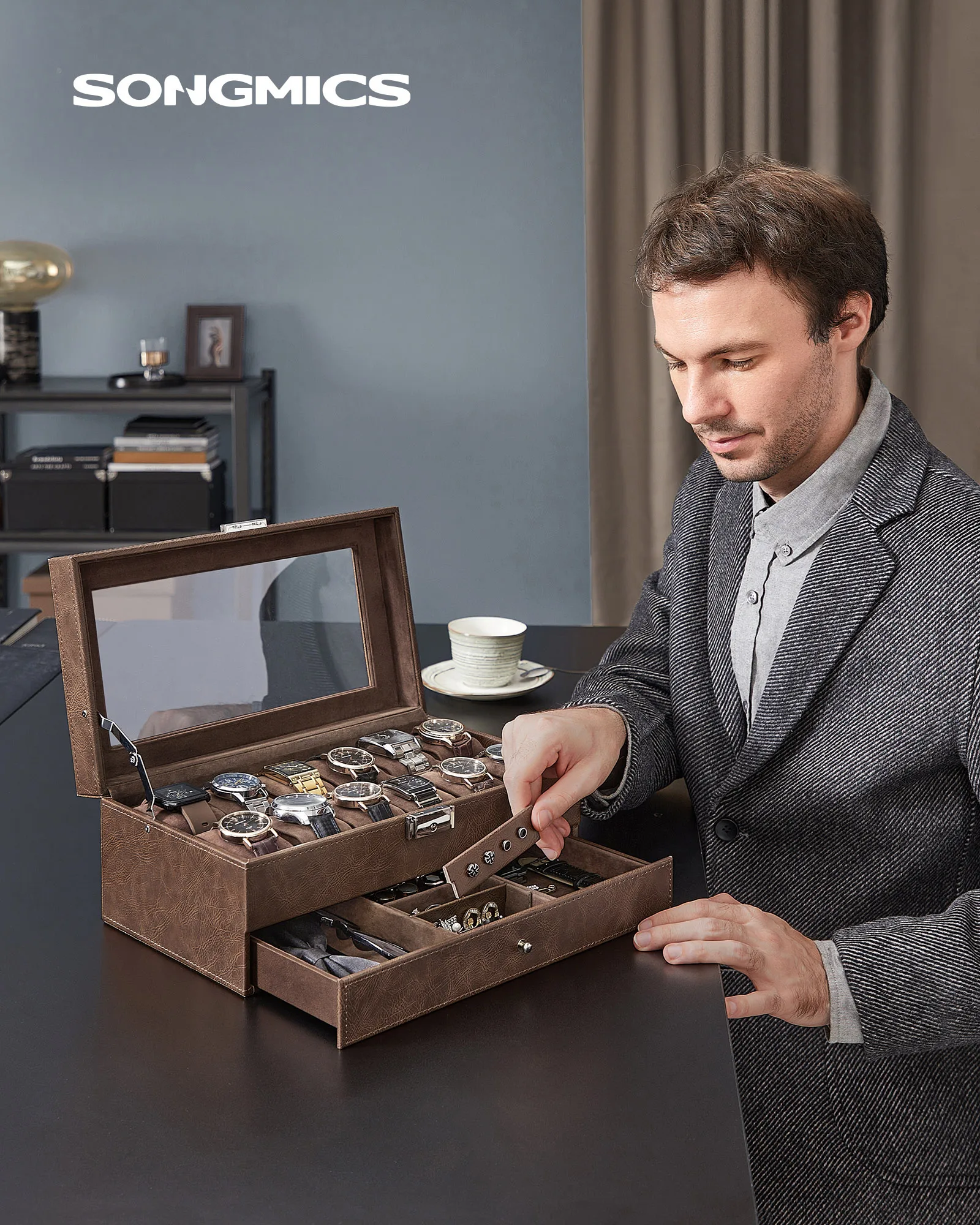 12-Slot Watch Box with Lockable Glass Lid and 2-Layer Design, Velvet-Lined Jewelry Storage Case with Bottom Drawer for Rings, Bracelets, Necklaces, and Accessories, Elegant Display Organizer for Home or Travel - 图片 2