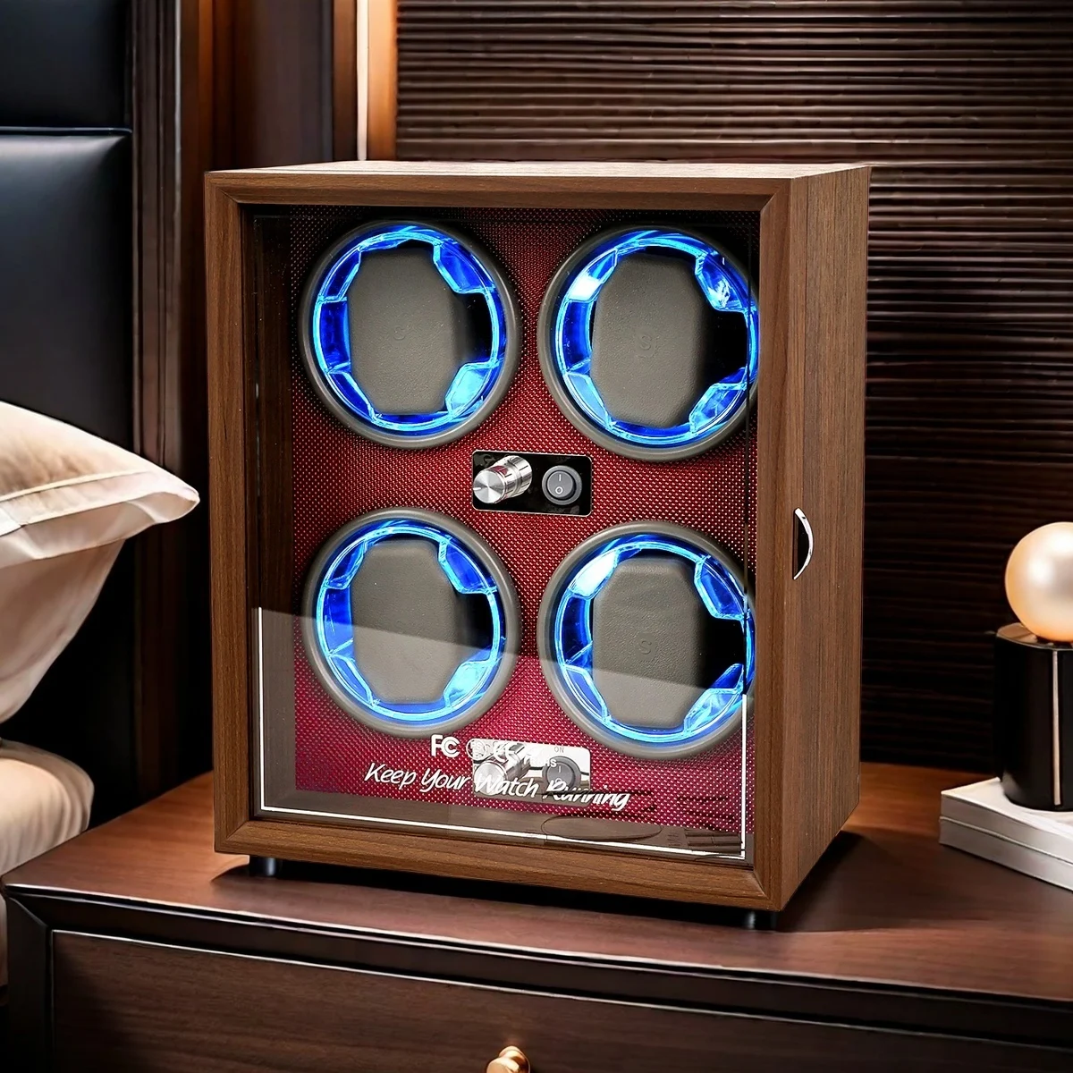 Automatic 4-Slot Watch Winder Box with Blue LED Light, Black Walnut, Red and Carbon Fiber Variants, Soft High-Elastic Memory Foam Pillows, Lid Stop Function, Ultra-Quiet Japanese Motor, USB & AC Powered, Ideal Gift for Luxury Watches - 图片 2