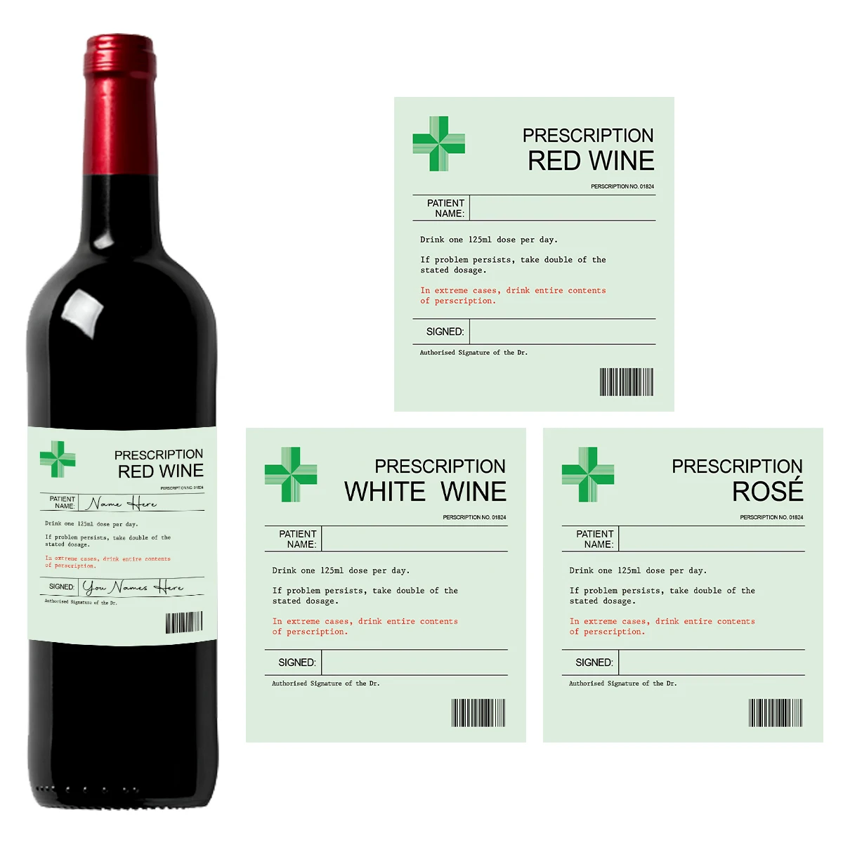 6-Pack Prescription-Themed Wine Bottle Stickers – Funny Christmas & Holiday Vinyl Labels for Birthday, Anniversary, Party Gifts, and Wine Decoration