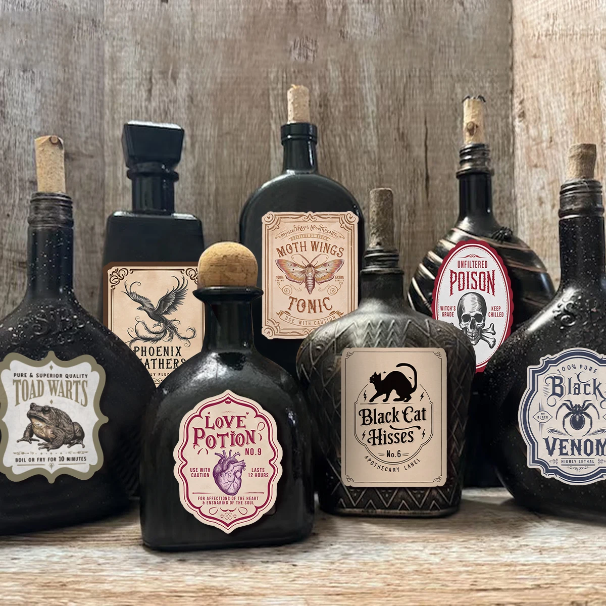 12-Pack Irregular Halloween Potion Bottle Stickers – Apothecary-Themed Wine Labels for Spooky Parties, Haunted House Decorations, Bar Decor, Gift Wrapping, DIY Halloween Event Supplies