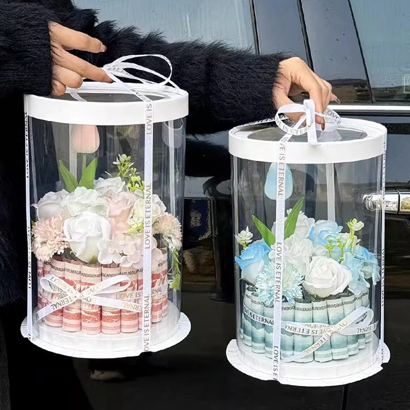 2PCS Transparent Round Cake Boxes with Clear PVC Lids, Birthday Wedding Dessert Packaging Containers, Bakery Gift Boxes, Decorative Present Case for Cakes, Cupcakes, and Layered Pastries 1