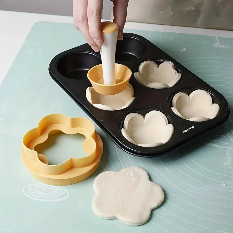 Flower-Shaped Pastry Dough Tamper & Cutter Set – Creative Cake, Cup, Biscuit, and Pie Mold Tool for DIY Baking, Cake Decorating, Cookie Making, Tart Shells, and Professional Dessert Shaping