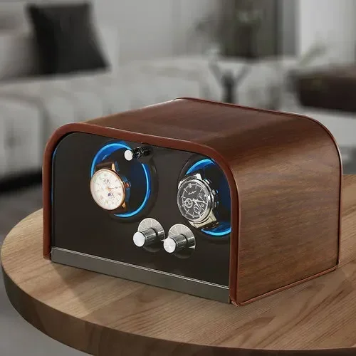 Elegant Wooden Automatic Watch Winder Box with Silent Motor, 5-Speed Adjustable Settings, LED Ambient Light, Anti-Magnetization, Vertical Winding, Cover Stop Function, Battery or Plug-In Power Options - 图片 9