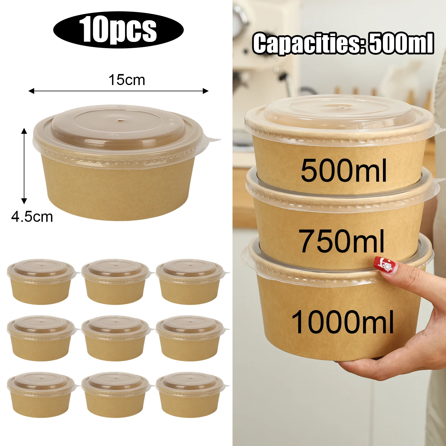 10-Pack Kraft Paper Salad Bowls with Lids Biodegradable Disposable Tableware for Meal Prep Takeout Bento Food Containers Eco-Friendly Portable 500ml 750ml 1000ml - 图片 9
