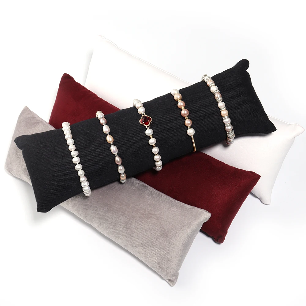 Velvet & PU Leather Jewelry Pillow Stand – Elegant Display Holder for Bracelets, Bangles, Anklets, and Watches | Soft Organizer Cushion for Retail Photography, Showcase, or Wholesale Jewelry Presentation
