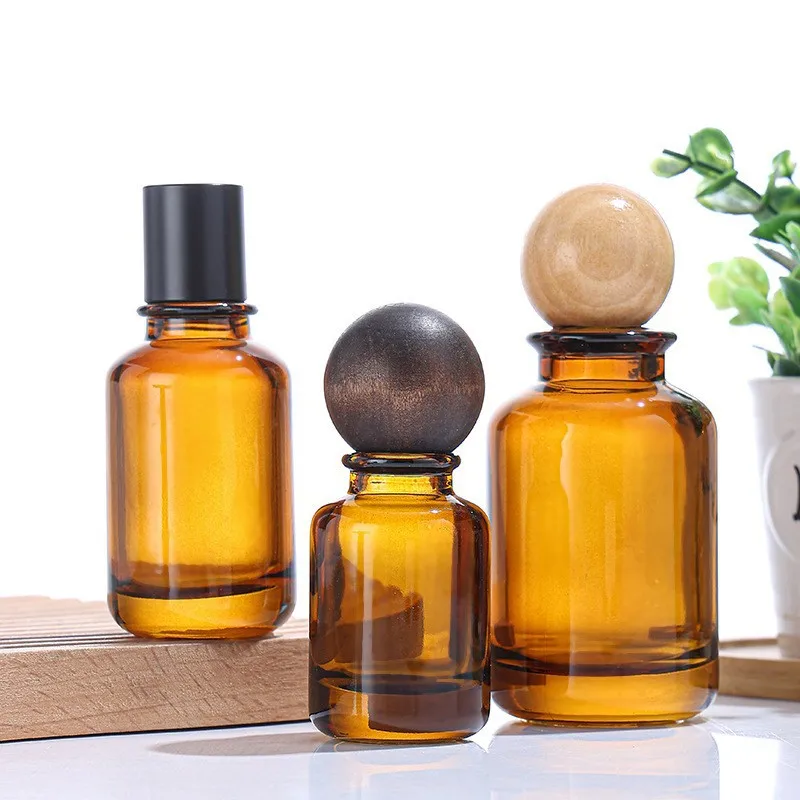 10pcs 30ml 50ml 100ml Brown Glass Perfume Spray Bottles with Wooden Cap | Empty Atomizer Refillable Crimp Neck Containers | Elegant Bayonet Design Reusable Fragrance Bottles for DIY Perfume & Travel Use