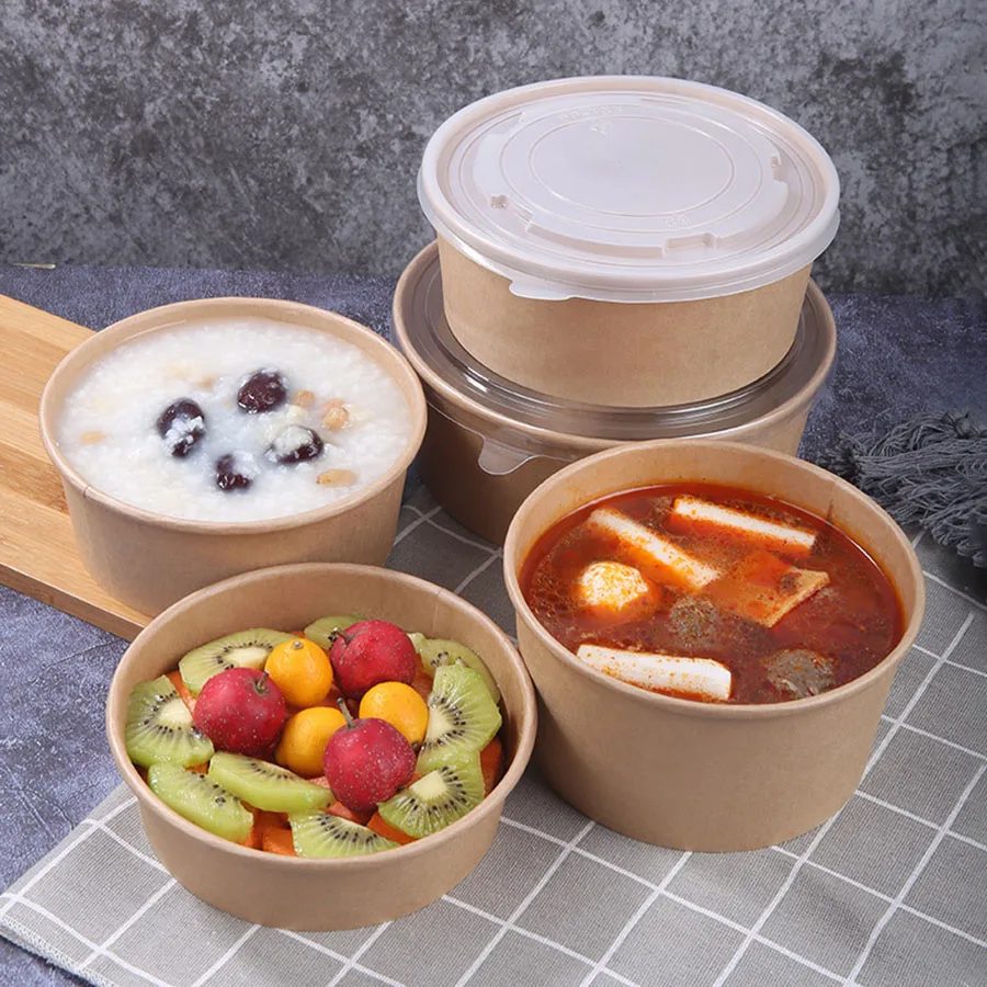 20Pcs Disposable Kraft Paper Bowls with Lids, Eco-Friendly Takeaway Salad Containers, Leak-Proof Lunch Box for Soup, Rice, Noodles, Snacks, Fruit, Desserts, Fast Food Packaging for Parties & Catering 3