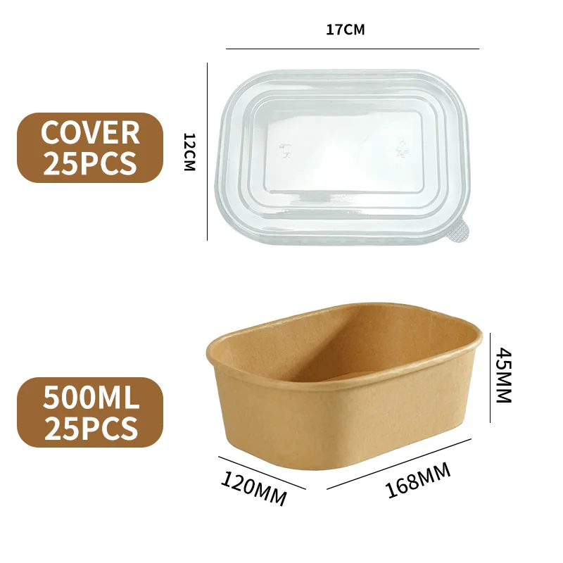 25-Pack Kraft Paper Lunch Box Bowls with Lids Disposable Square Food Containers for Salads Fast Food Bento Meals Takeout Microwave-Safe Food Storage Containers 500ml-1000ml - 图片 13