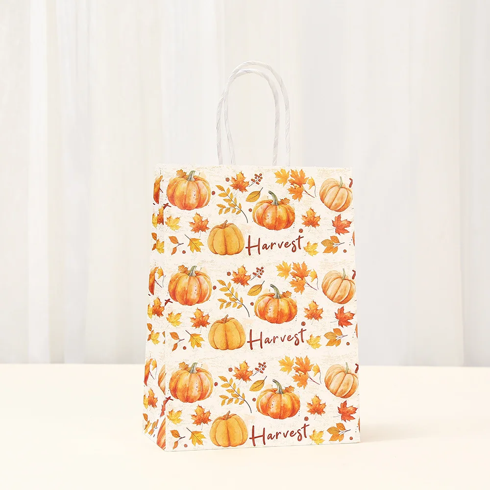 Autumn Pumpkin & Maple Leaf Kraft Paper Gift Bags for Candy, Sweets, Cookies, Party Favors, Thanksgiving, Baby Shower, Birthday, Wedding, Harvest Festival, Eco-Friendly Packaging, Large Capacity