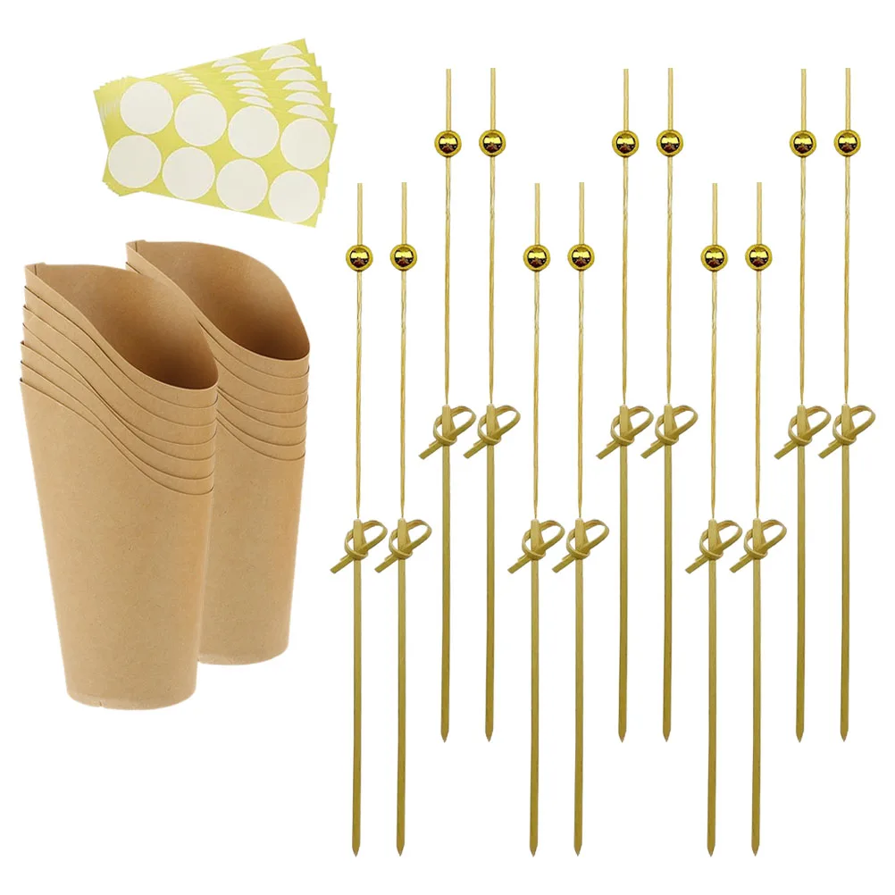 1 Set Kraft Paper Snack Cups with Bamboo Picks and Label Sheets, 12oz Disposable French Fries Holders Popcorn Candy Dessert Food Containers for Birthday Wedding Party Supplies and Takeout Packaging
