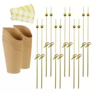 1 Set Kraft Paper Snack Cups with Bamboo Picks and Label Sheets, 12oz Disposable French Fries Holders Popcorn Candy Dessert Food Containers for Birthday Wedding Party Supplies and Takeout Packaging