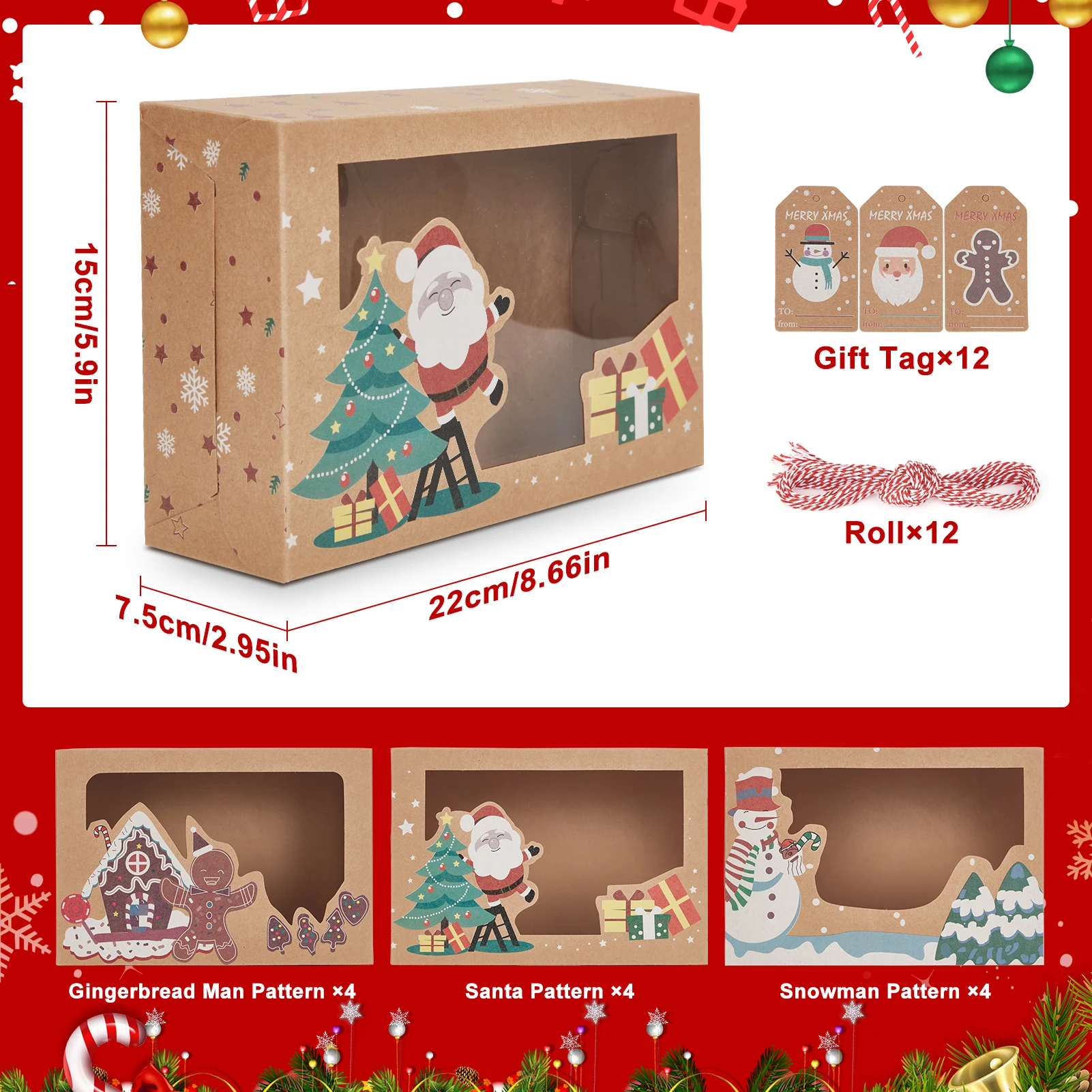 12Pcs Christmas Cookie Boxes with Window, Foldable Kraft Bakery Gift Packaging for Cupcakes, Candy, Pastries, Chocolates, Holiday Treat Boxes with Tags and Red White Twine for Party Favors 2
