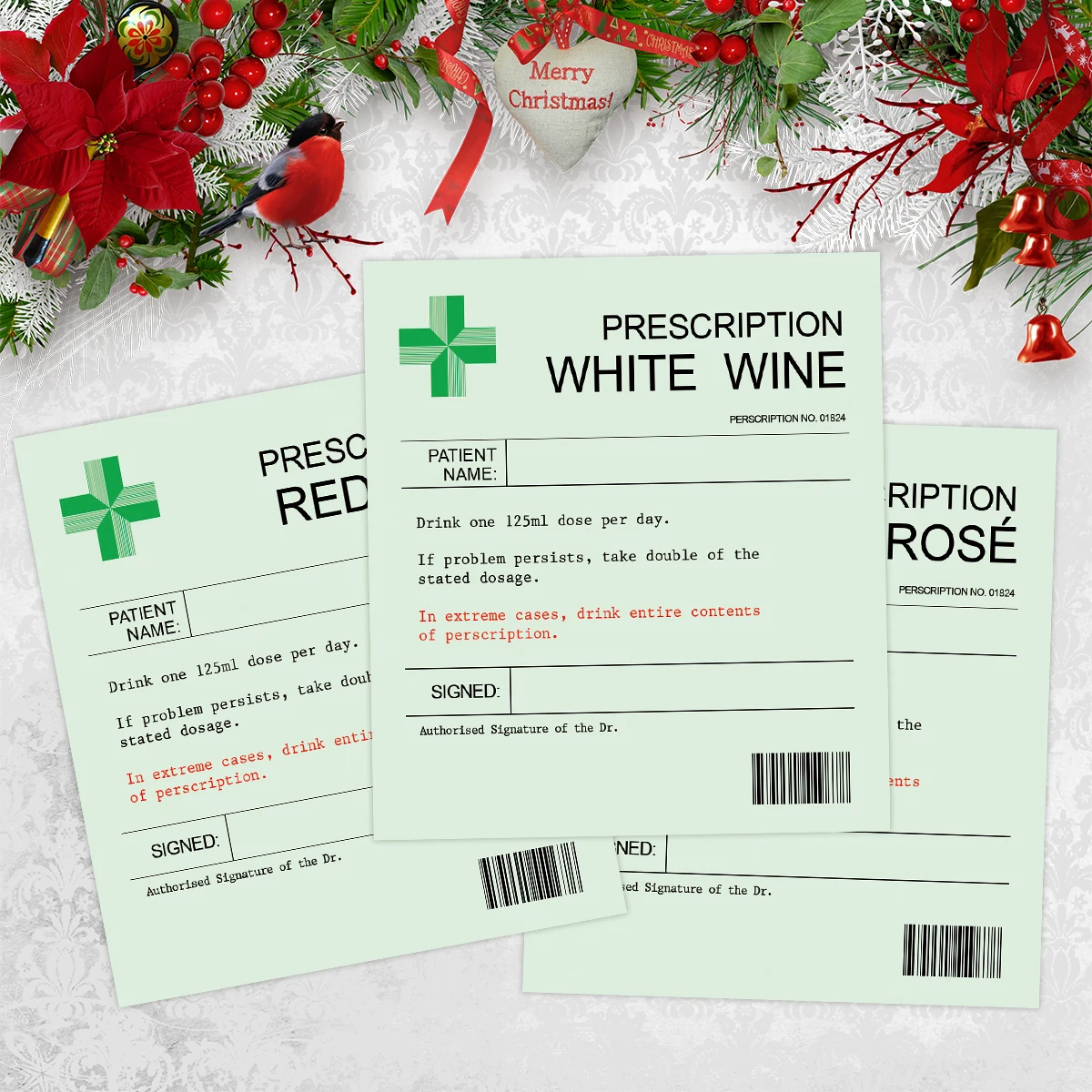 6-Pack Prescription-Themed Wine Bottle Stickers – Funny Christmas & Holiday Vinyl Labels for Birthday, Anniversary, Party Gifts, and Wine Decoration