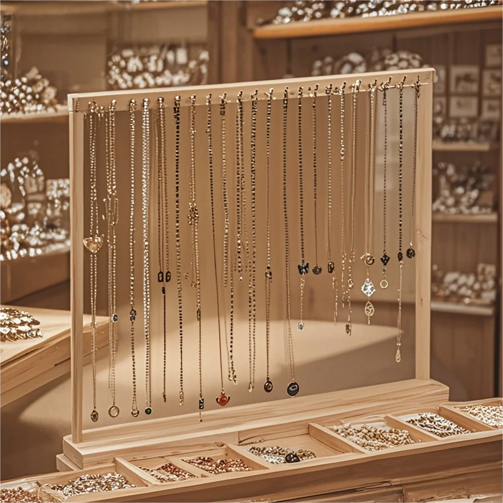 Wooden Jewelry Organizer Display Stand for Necklace, Earrings, and Bracelets – Countertop Chain Hanging Rack Jewelry Storage Display Prop with Velvet Finish for Boutique, Shop, Home Showcase - 图片 2