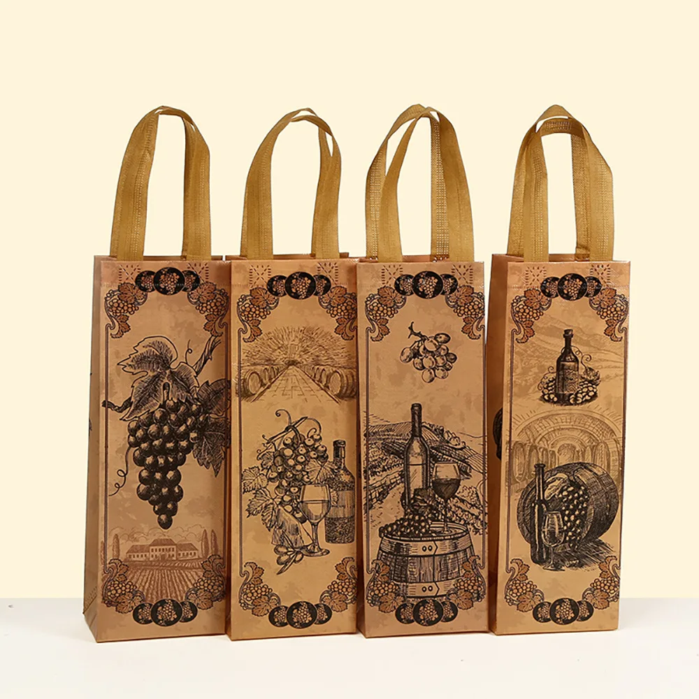 Vintage Wine Bottle Gift Bags, Luxury Designer Non-Woven Packaging for Sweets, Rustic Party Favor Wrapping with Reinforced Handles & Retro Vineyard Print for Wine, Champagne, or Holiday Gifts 5