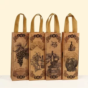 Vintage Wine Bottle Gift Bags, Luxury Designer Non-Woven Packaging for Sweets, Rustic Party Favor Wrapping with Reinforced Handles & Retro Vineyard Print for Wine, Champagne, or Holiday Gifts
