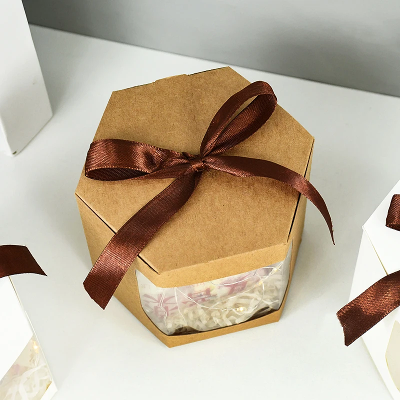 5Pcs Hexagon Kraft Paper Gift Boxes with Transparent Window, Brown and White Dessert Packaging Containers for Baking, Wedding Favors, Candy, Chocolates, and Party Gift Presentation 3