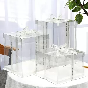 Cake Transport Box Pastry Packaging Container, Clear Plastic Cake Box with Ribbon, Transparent Food-Safe Wedding, Birthday, Party Dessert Gift Box, 1/5/10pcs, DIY Baking Supplies