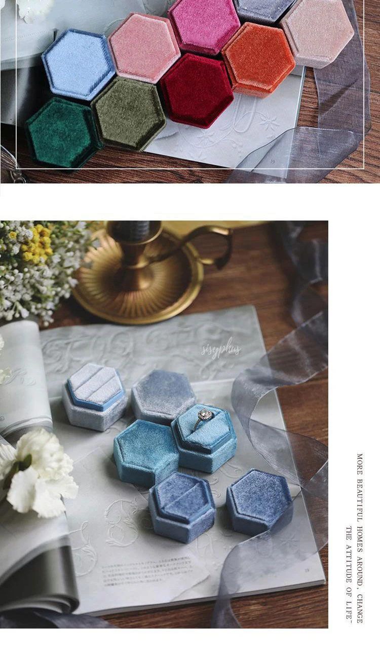 Vintage Hexagon Velvet Jewelry Double Ring Packaging Box | Elegant Engagement Wedding Ring Holder | Velvet Empty Case for Ceremony, Proposal, Valentine’s Gift Organizer Display