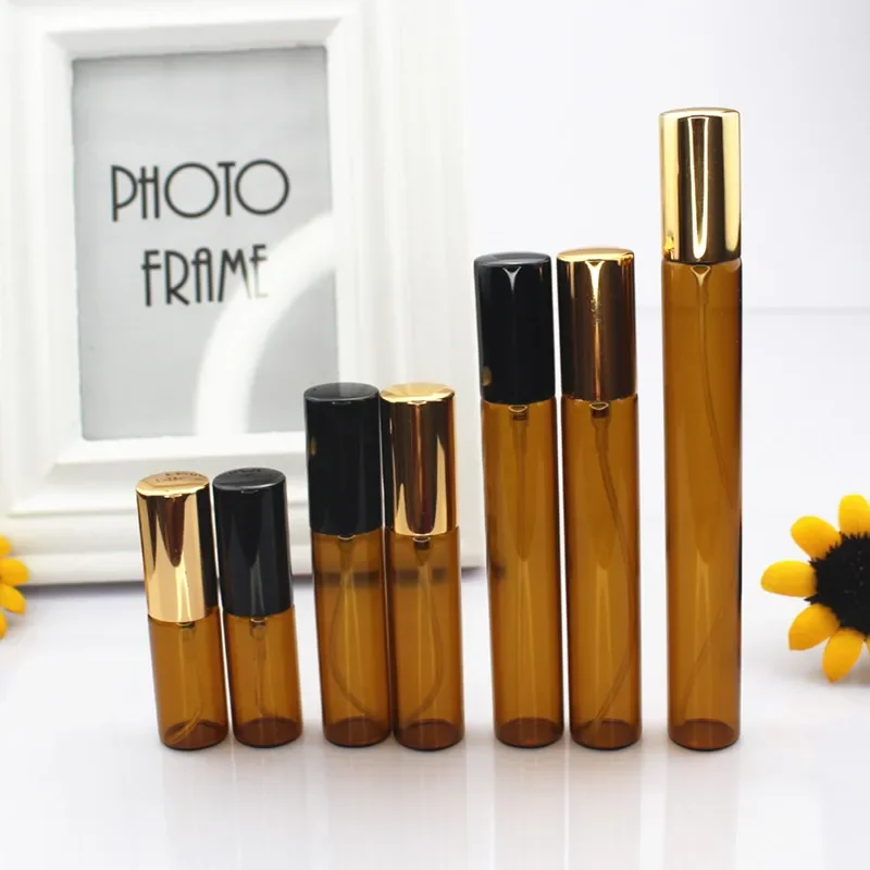 5pcs/lot Amber Glass Mini Spray Bottles, 5ML 10ML 15ML 20ML Portable Refillable Thin Glass Vials with Gold/Silver Cap, Sample Atomizer Containers for Travel, Essential Oils, DIY Liquids