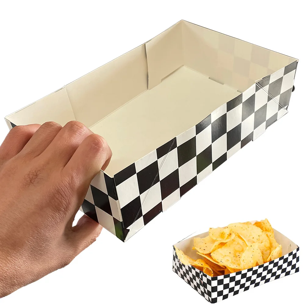 Checkered Paper Food Trays Black and White Disposable Popcorn Hot Dog French Fries Nacho Chip Snack Basket Boats Classic Racing Theme Serving Plates for Birthday Party Supplies Catering Events