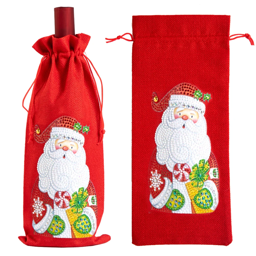 Christmas 5D Diamond Art Wine Gift Bag – DIY Rhinestone Drawstring Linen Bottle Cover, Festive Burlap Packaging for Holiday Parties, Santa Pattern Reusable Wine Bag for Crafts & Gifting - 图片 5