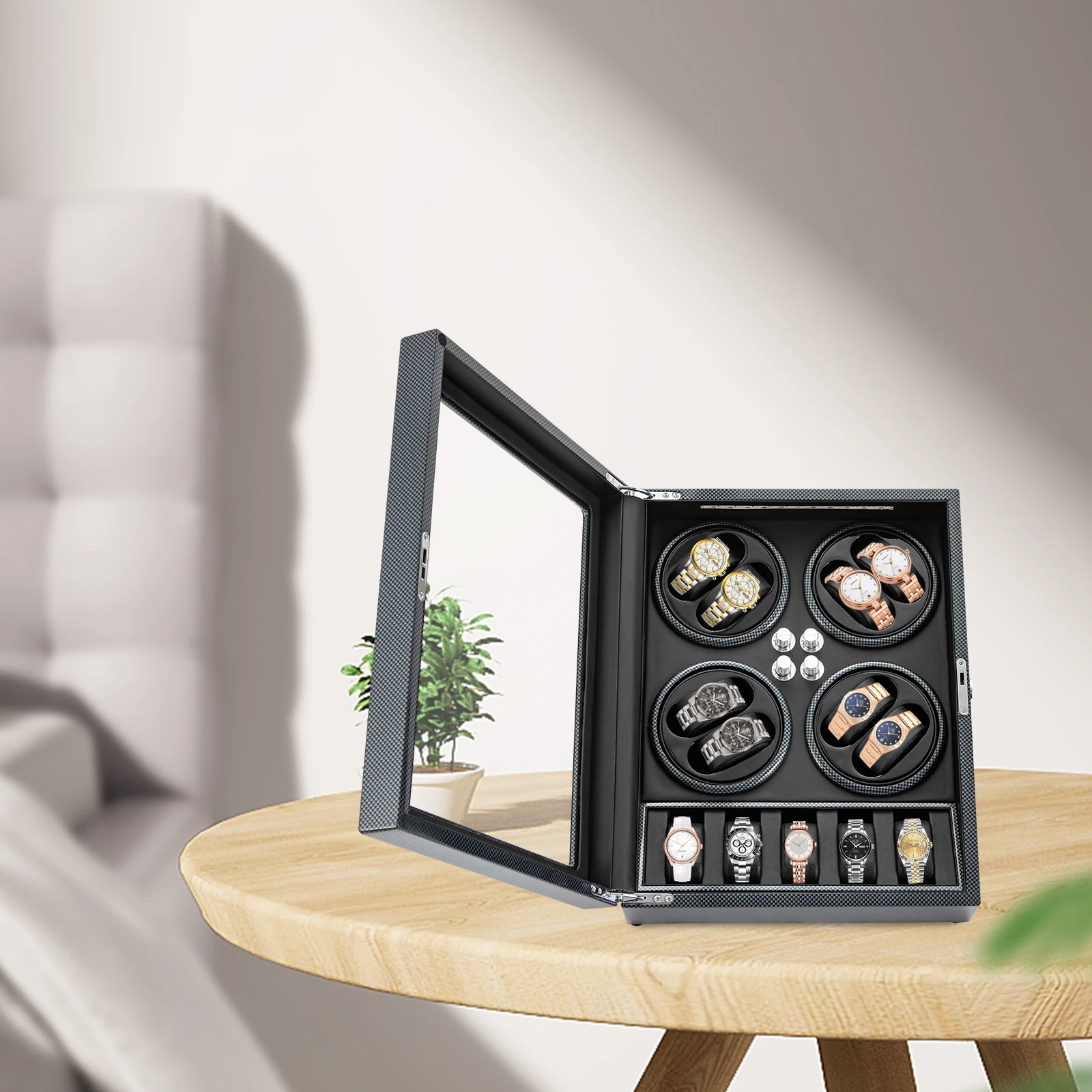 Automatic Watch Winder with Ultra-Quiet Motor and 6 Adjustable Modes, Elegant Carbon Fiber Display Case with Lock & Key, Soft PU Pillows for 8+5 Watches, LED Lighted Luxury Storage for Mechanical Watches