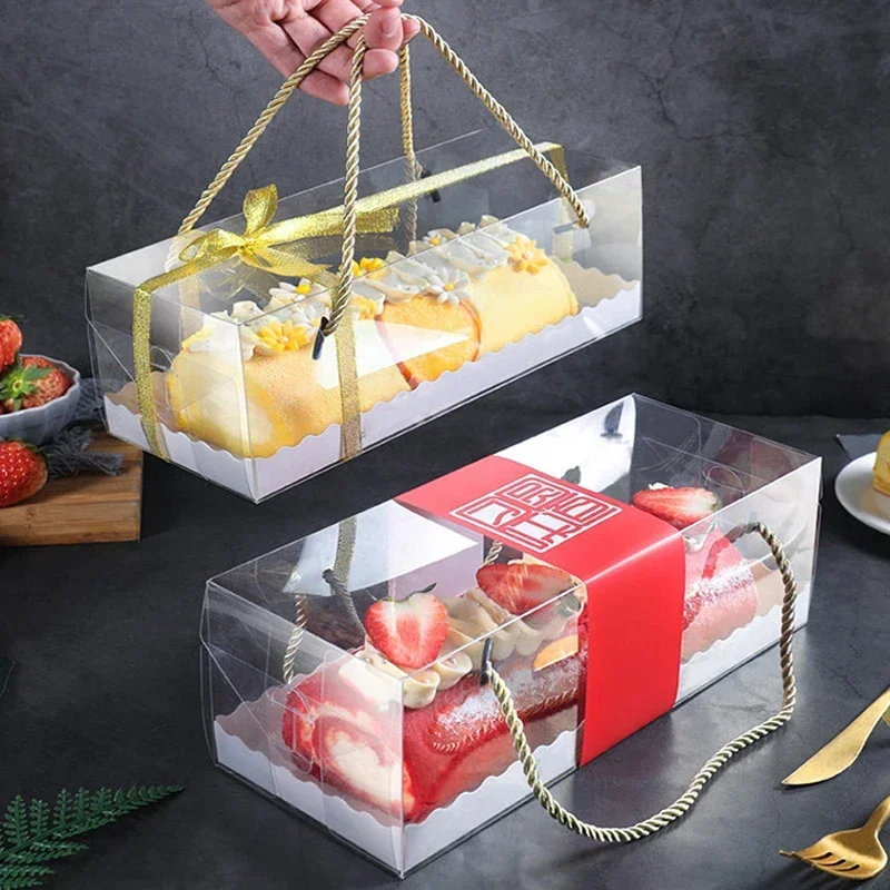 1PCS Clear PET Cake Box with Handle, Long Transparent Cupcake Roll Container Dessert Gift Packaging Holder, Food Grade Portable Bakery Box for Swiss Roll, Pastries, and Party Treats 18.2x6.3x6.3cm