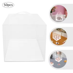 50pcs Clear PET Square Cake Boxes with Handles, 13x13x13cm Assembly Required, Food-Safe Plastic and Cardboard Dessert Packaging, Cupcake and Cookie Containers for Bakery, Birthday, Wedding, Party