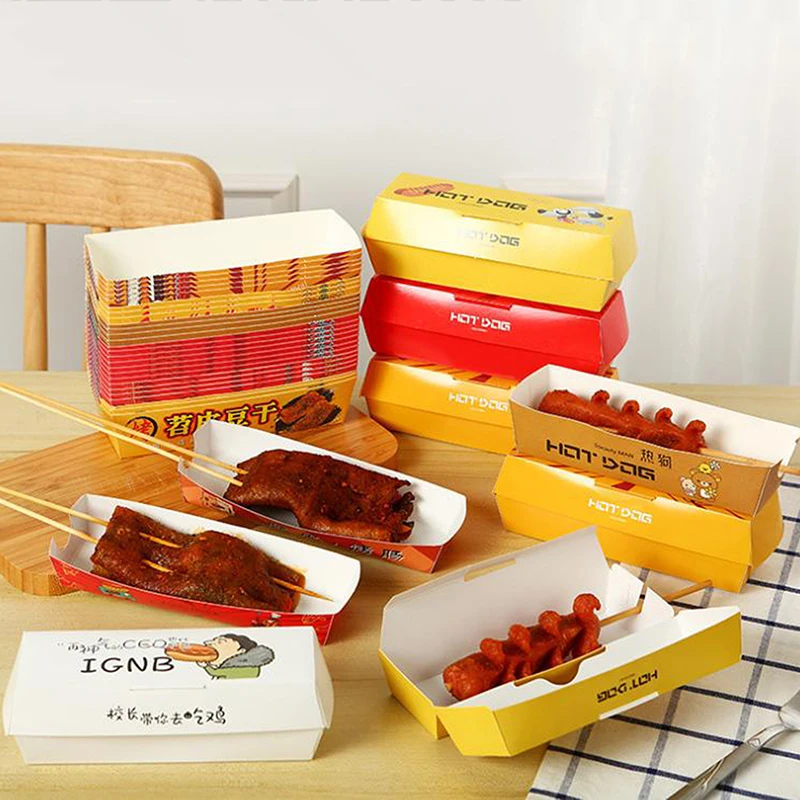 100PCS Disposable Hot Dog Boxes Paper Food Trays | Foldable Takeout Catering Containers for Sandwich, French Fries, Snacks | Eco-Friendly Party Serving Tableware for BBQ, Events, Festivals 1