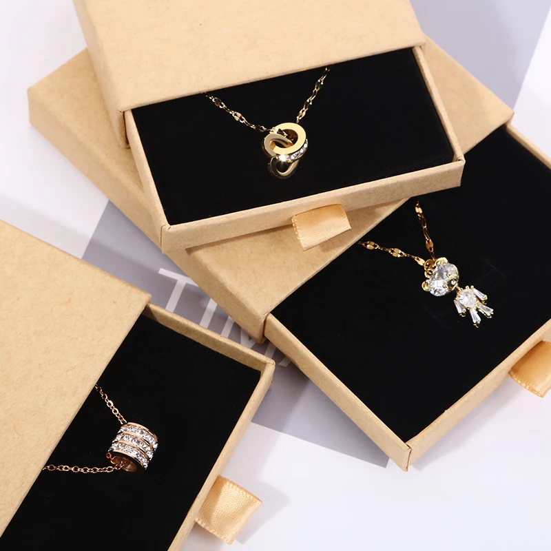 Custom Kraft Paper Drawer Jewelry Boxes with Logo – Small Business Necklace Ring Earring Packaging Gift Boxes | 1000g Paper + Black Sponge Insert | Plain or Personalized Jewelry Box Bulk Wholesale