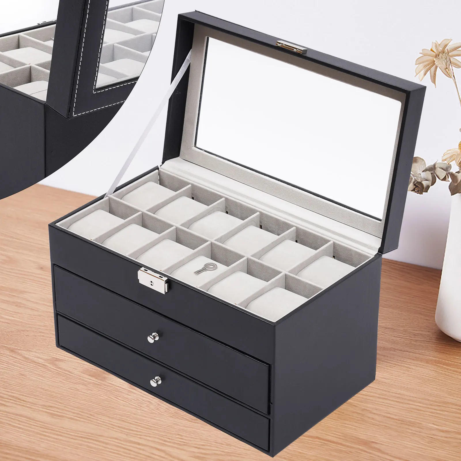 3-Layer Black PU Leather Watch and Eyeglasses Organizer with Glass Lid, Metal Buckle, Velvet-Lined Jewelry Display Drawer, Multi-Compartment Storage Case for Watches, Sunglasses, Rings, Bracelets, Necklaces
