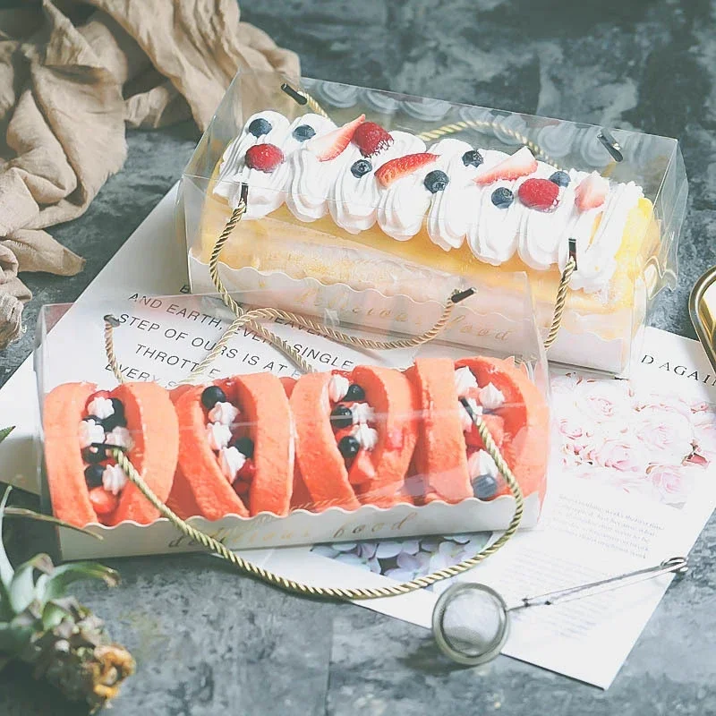 1PCS Clear PET Cake Box with Handle, Long Transparent Cupcake Roll Container Dessert Gift Packaging Holder, Food Grade Portable Bakery Box for Swiss Roll, Pastries, and Party Treats 18.2x6.3x6.3cm - 图片 2
