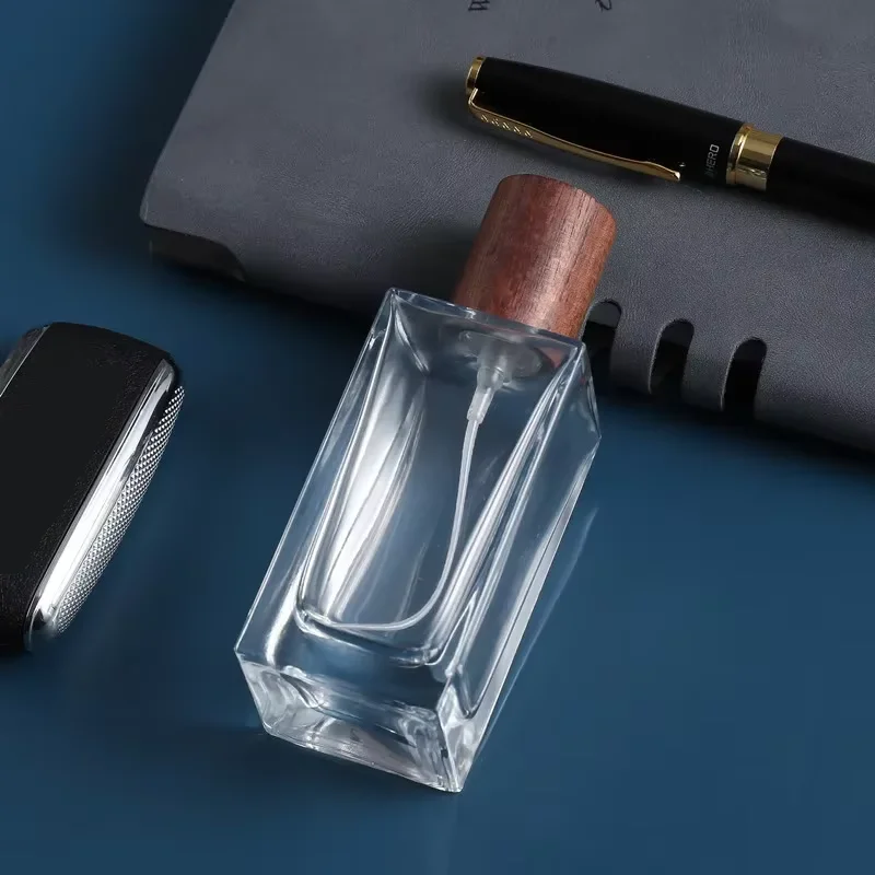 30ml & 50ml Refillable Flat Square Glass Perfume Bottles – Portable Travel Cosmetic Spray Containers with Replacement Wooden Caps, Empty Reusable Fragrance and Essential Oil Storage