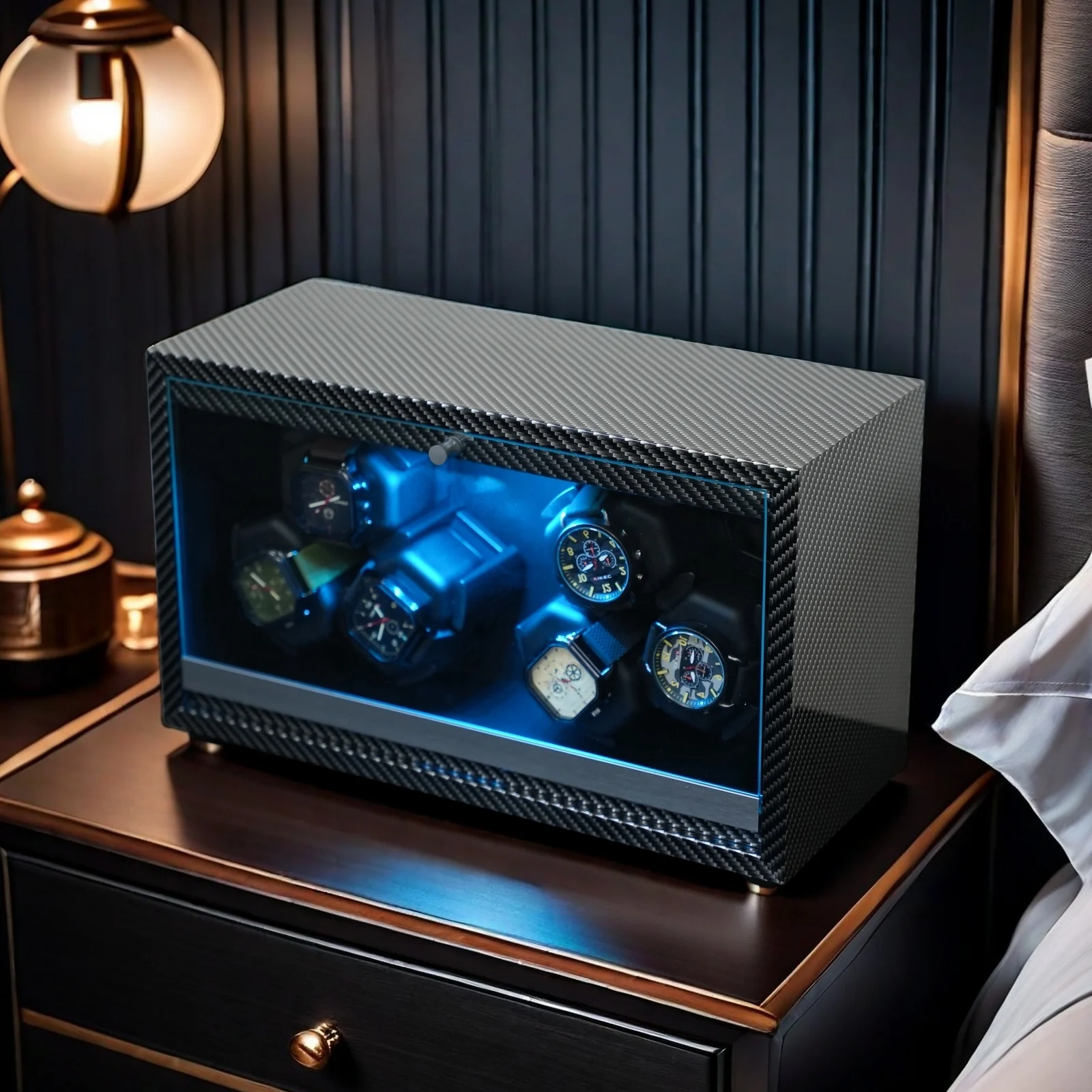 Automatic 6-Slot Watch Winder Box with Blue LED Light, Black Walnut Finish, Soft Memory Foam Pillows, Lid Sensor, Six Rotation Modes, Super Quiet Japanese Motor, PU Interior, AC Adapter Included, Ideal Gift for Luxury Watches - 图片 6