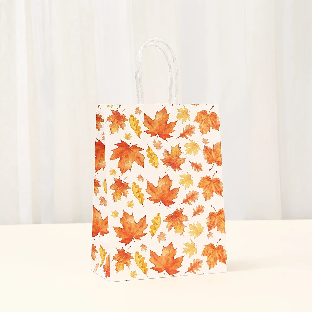 Autumn Pumpkin & Maple Leaf Kraft Paper Gift Bags for Candy, Sweets, Cookies, Party Favors, Thanksgiving, Baby Shower, Birthday, Wedding, Harvest Festival, Eco-Friendly Packaging, Large Capacity