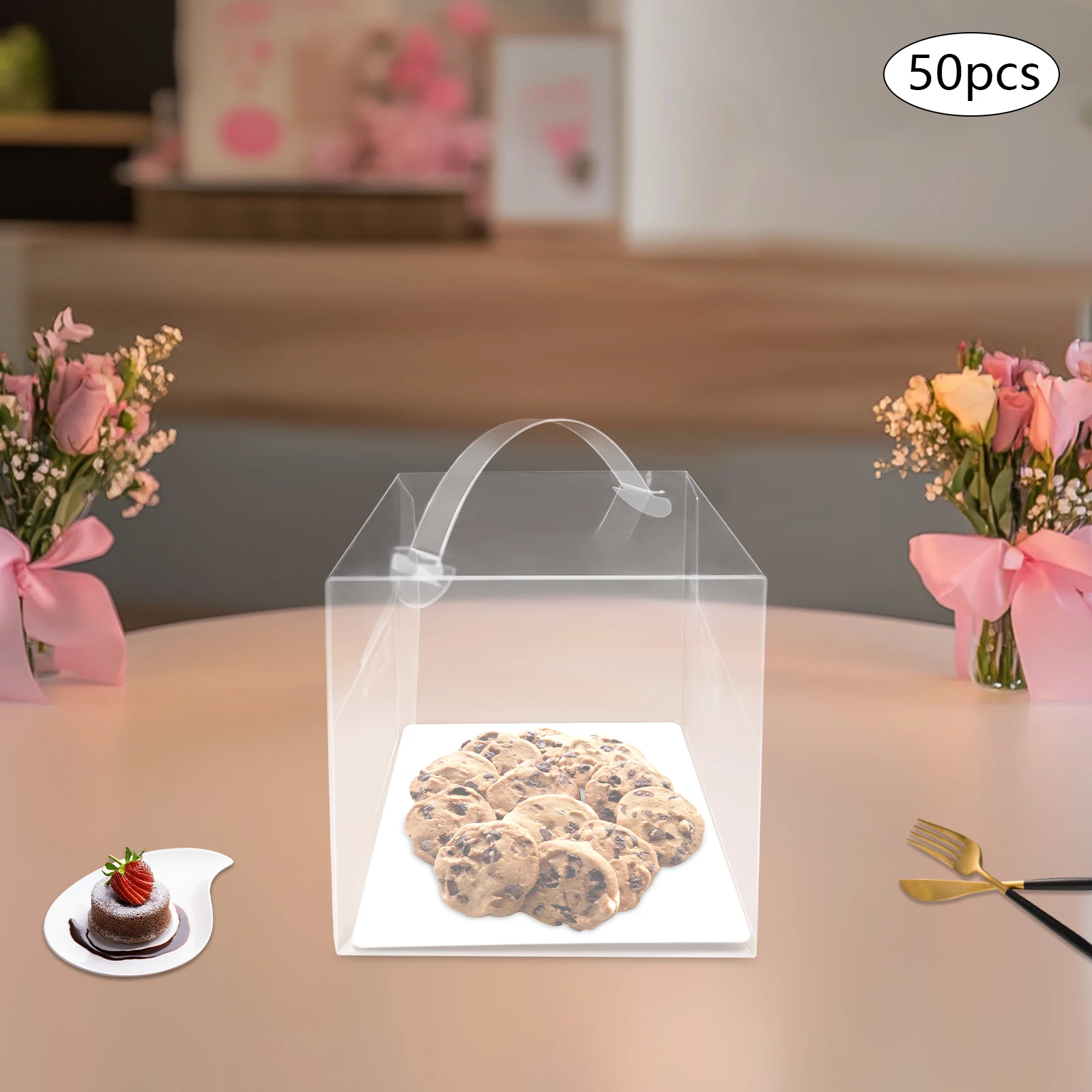 50pcs Clear PET Square Cake Boxes with Handles, 13x13x13cm Assembly Required, Food-Safe Plastic and Cardboard Dessert Packaging, Cupcake and Cookie Containers for Bakery, Birthday, Wedding, Party - 图片 6