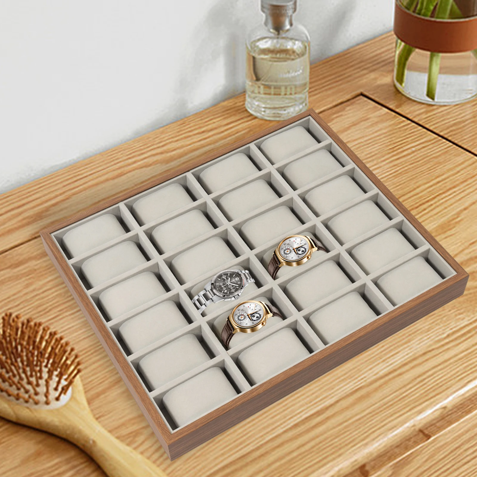24-Slot Wooden Watch Organizer Box with Soft Flannel Lining – Elegant Rectangle Display Case for Watches, Bracelets, Earrings, Home Tabletop Storage, Collector Display, Gifts for Men and Women - 图片 4