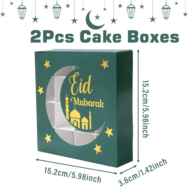 2Pcs Eid Mubarak Cake Boxes with Clear Window, Ramadan Kareem Transparent Candy and Chocolate Packaging Containers, Islamic Muslim Party Supplies for Home Decor, Dessert and Gift Presentation - 图片 11